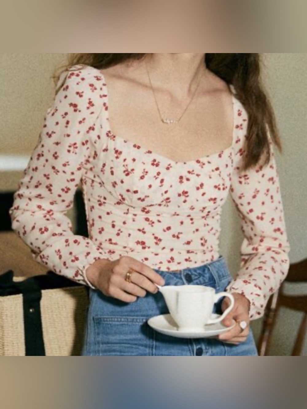 Reformation Reign Too Cream Long-Sleeve Floral Square-Neck Size 8